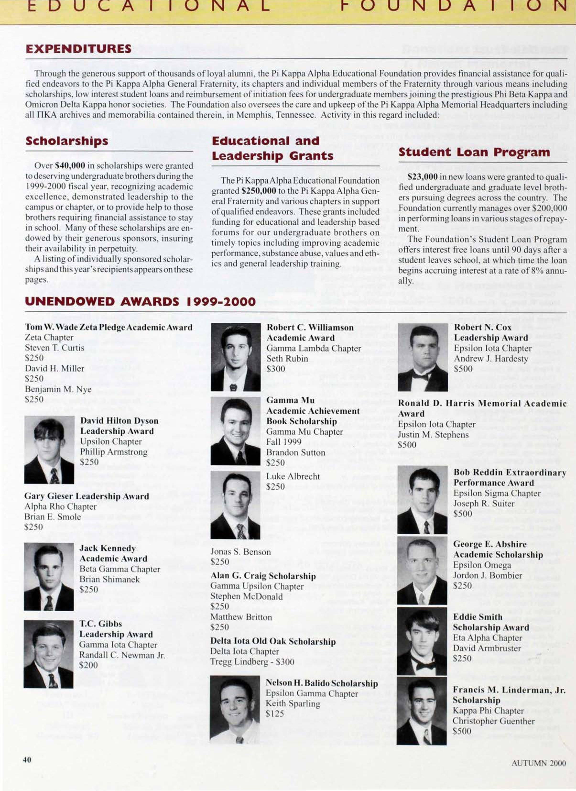 Educational Foundation: Unendowed Awards 1999-2000, Autumn 2000